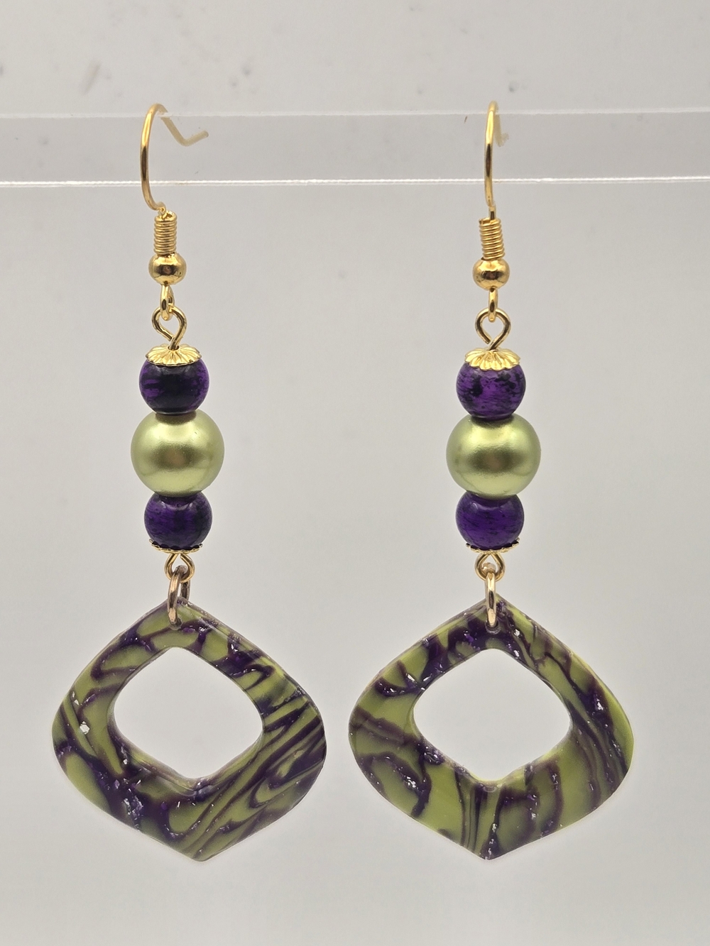 #B487- Gold-Tone Purple &  Green Drop Earrings